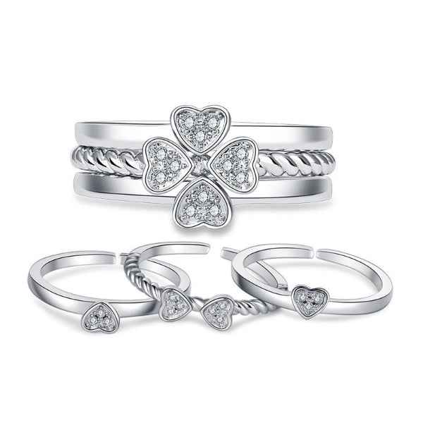 Silver Clover Ring - Shimmering Cubic Zirconia Stackable Heart Ring