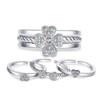Silver Clover Ring - Shimmering Cubic Zirconia Stackable Heart Ring