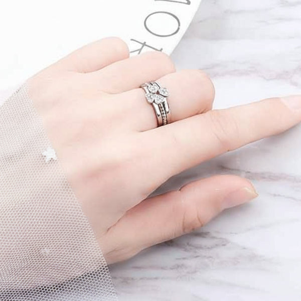 Silver Clover Ring - Shimmering Cubic Zirconia Stackable Heart Ring