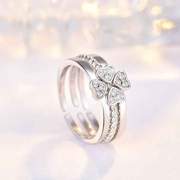 Silver Clover Ring - Shimmering Cubic Zirconia Stackable Heart Ring
