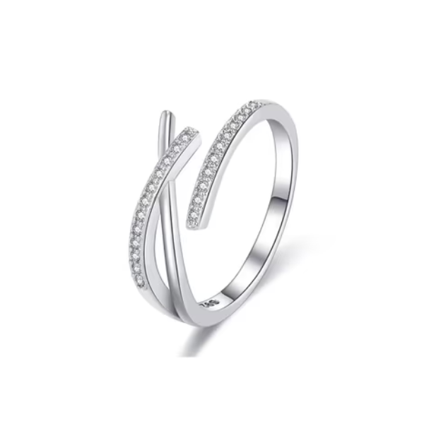 Silver Criss Cross Ring: Dainty Cubic Zirconia Adjustable Bypass Band
