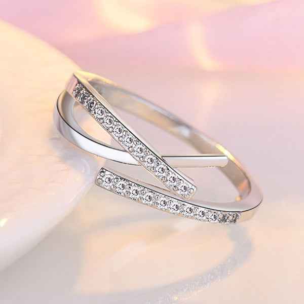 Silver Criss Cross Ring: Dainty Cubic Zirconia Adjustable Bypass Band