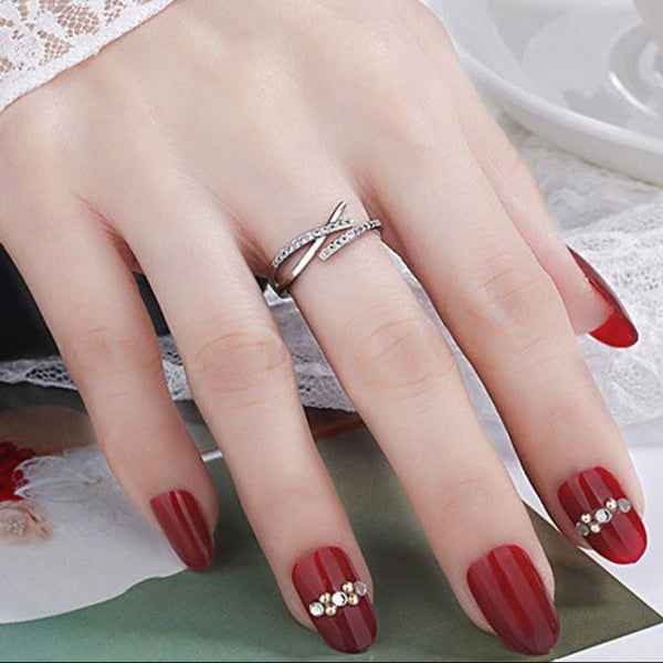 Silver Criss Cross Ring: Dainty Cubic Zirconia Adjustable Bypass Band