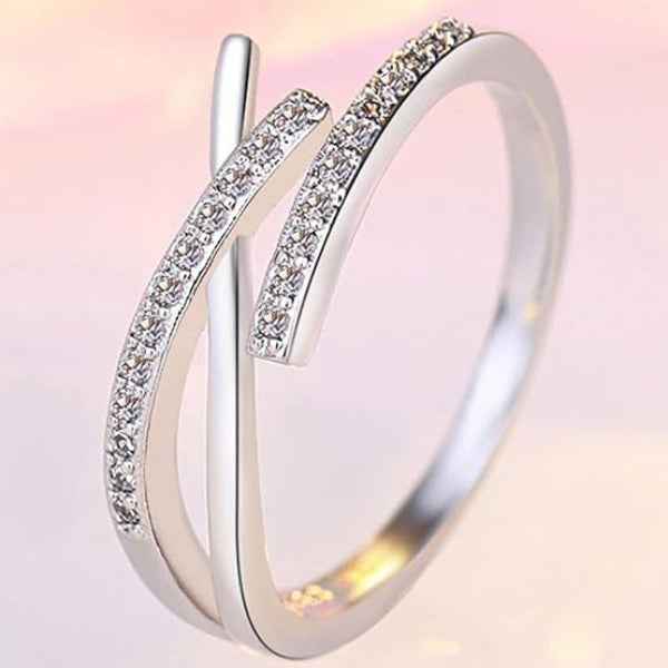 Silver Criss Cross Ring: Dainty Cubic Zirconia Adjustable Bypass Band