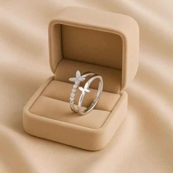 Silver Butterfly Ring - Shimmering Cubic Zirconia Adjustable Band Ring