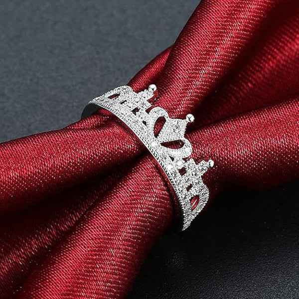 Bold Silver Crown Ring - Radiant Tiara Sparkle Statement Finger Ring