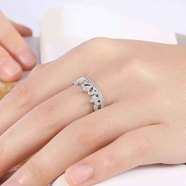 Bold Silver Crown Ring - Radiant Tiara Sparkle Statement Finger Ring