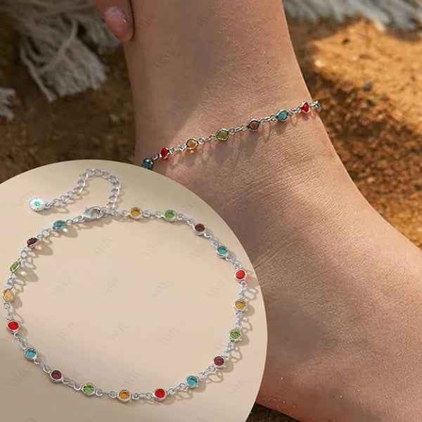Silver Crystal Anklet & Rainbow Gemstone Multi-color Jewelry Piece