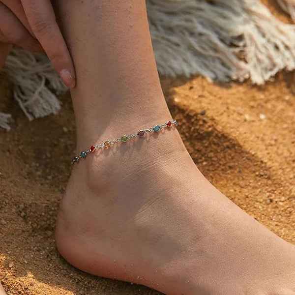 Silver Crystal Anklet & Rainbow Gemstone Multi-color Jewelry Piece