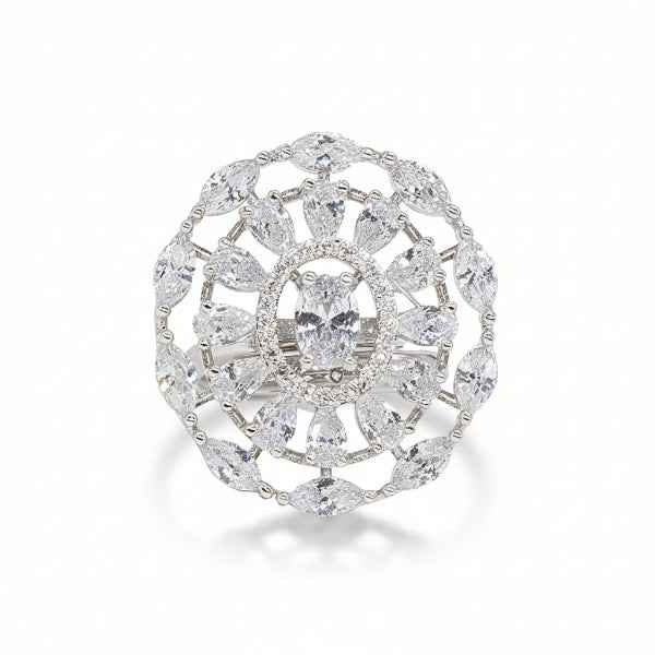 Silver Crystal Ring with Marquise Cluster and Sparkling Statement Frame
