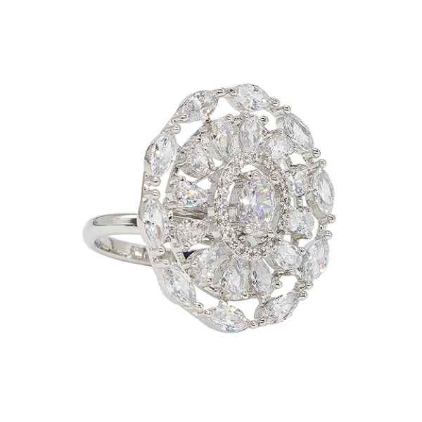 Silver Crystal Ring with Marquise Cluster and Sparkling Statement Frame