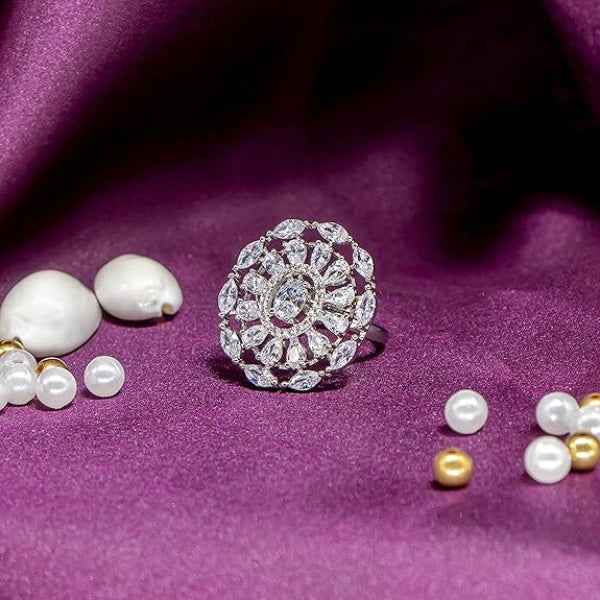 Silver Crystal Ring with Marquise Cluster and Sparkling Statement Frame