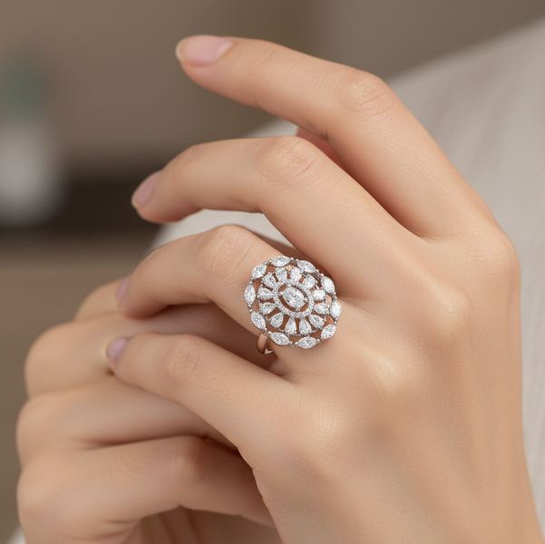 Silver Crystal Ring with Marquise Cluster and Sparkling Statement Frame