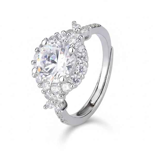 Silver Engagement Ring: Cubic Zirconia Halo Oval Solitaire Band