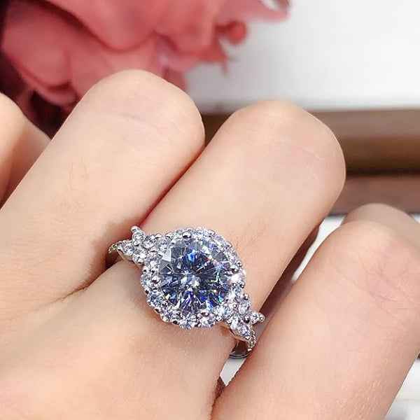 Silver Engagement Ring: Cubic Zirconia Halo Oval Solitaire Band