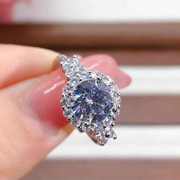 Silver Engagement Ring: Cubic Zirconia Halo Oval Solitaire Band