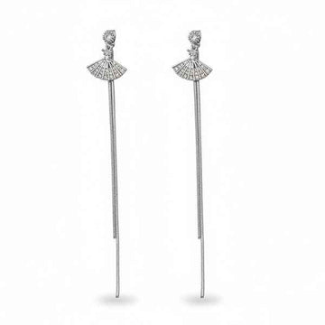 Silver Fan Tassels | Dainty Crystal Drop Snake Chain Long Earrings