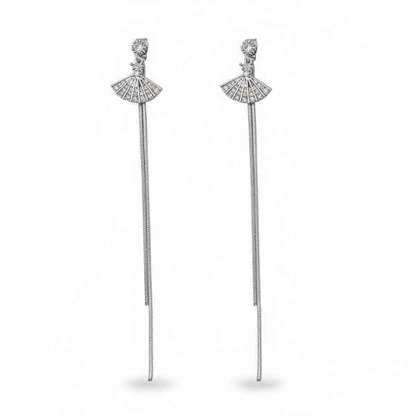 Silver Fan Tassels | Dainty Crystal Drop Snake Chain Long Earrings