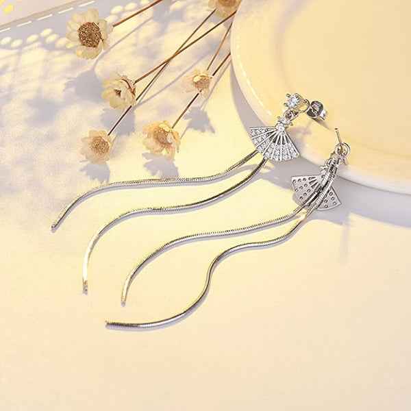 Silver Fan Tassels | Dainty Crystal Drop Snake Chain Long Earrings