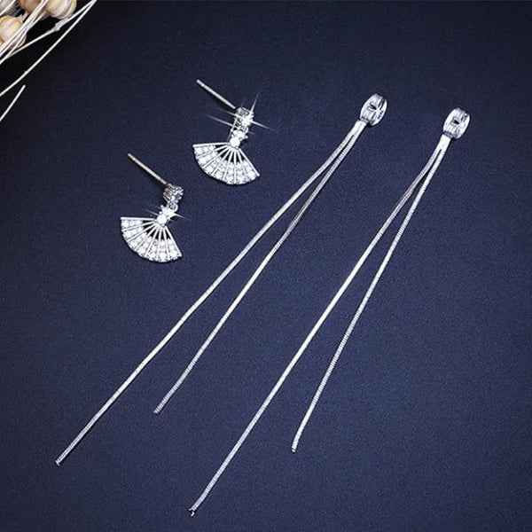 Silver Fan Tassels | Dainty Crystal Drop Snake Chain Long Earrings