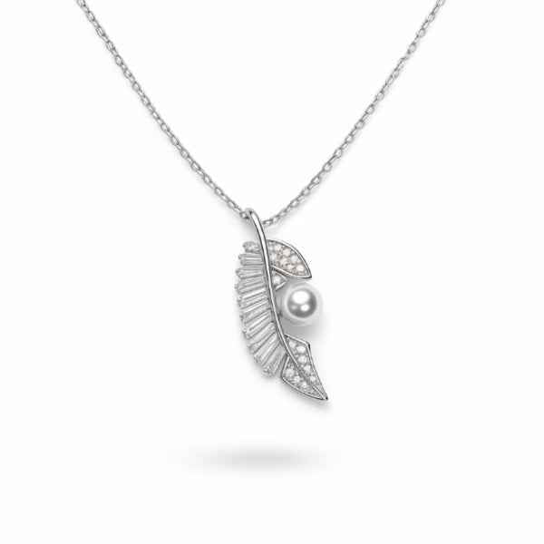 Silver Feather Necklace - Shimmering Crystal Pearl Leaf Pendant