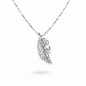 Silver Feather Necklace - Shimmering Crystal Pearl Leaf Pendant