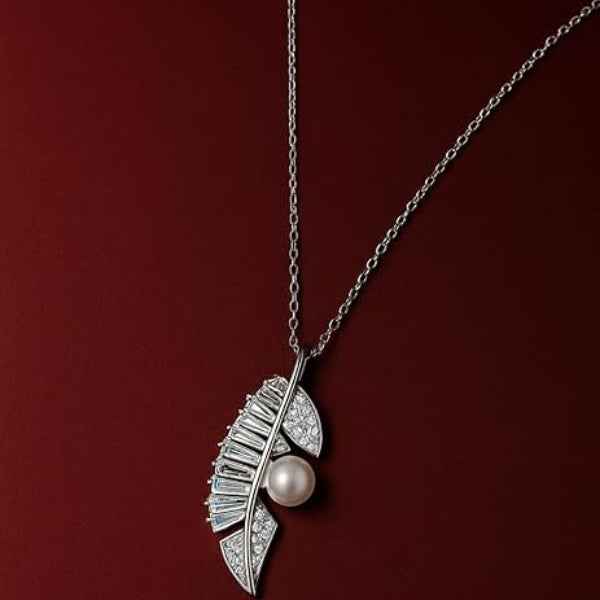 Silver Feather Necklace - Shimmering Crystal Pearl Leaf Pendant