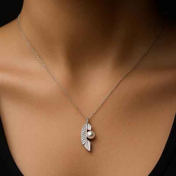 Silver Feather Necklace - Shimmering Crystal Pearl Leaf Pendant
