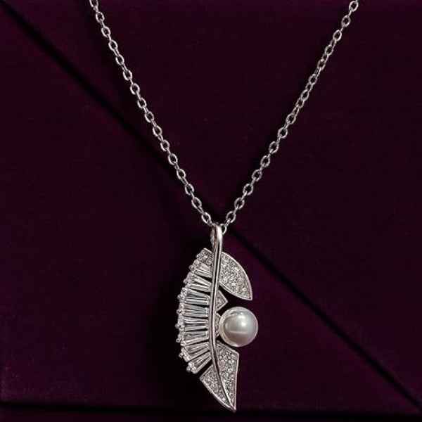 Silver Feather Necklace - Shimmering Crystal Pearl Leaf Pendant