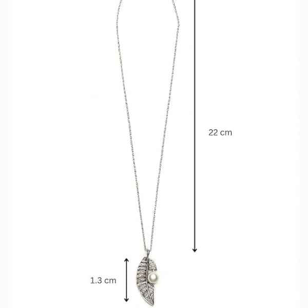 Silver Feather Necklace - Shimmering Crystal Pearl Leaf Pendant