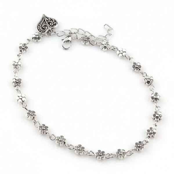Silver Flower Anklet for Women with Filigree Heart Charm – Beach Gift