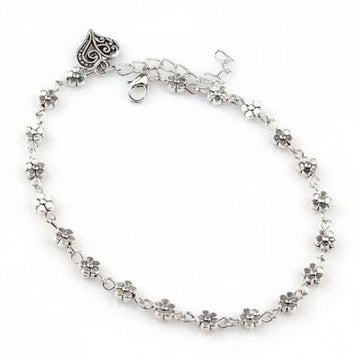 Silver Flower Anklet for Women with Filigree Heart Charm – Beach Gift