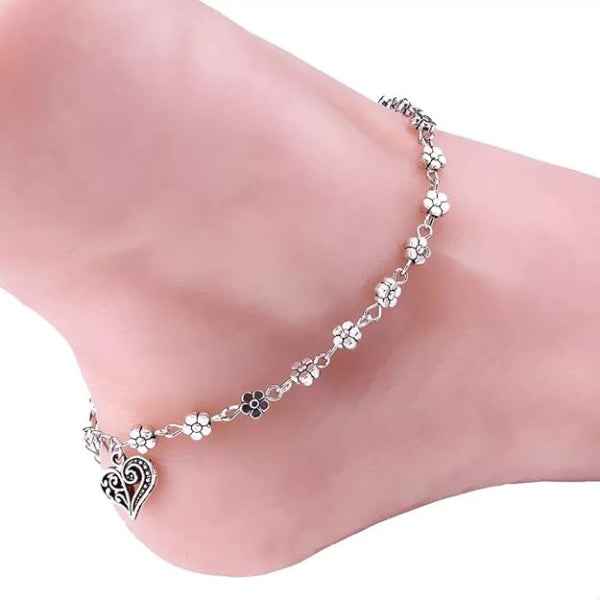Silver Flower Anklet for Women with Filigree Heart Charm – Beach Gift
