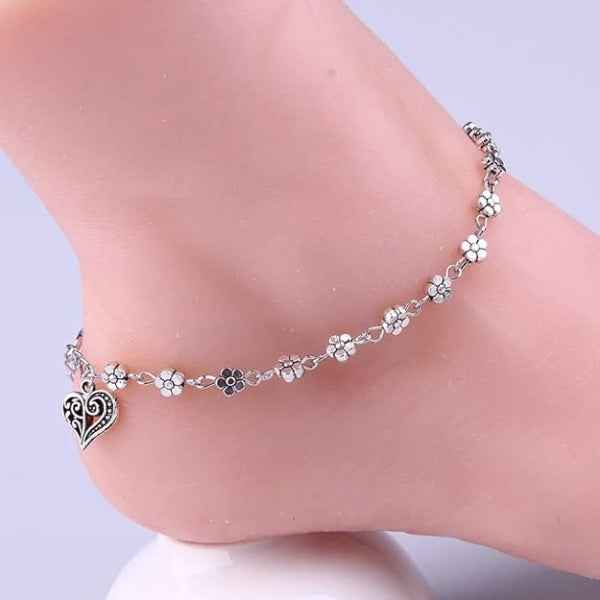 Silver Flower Anklet for Women with Filigree Heart Charm – Beach Gift