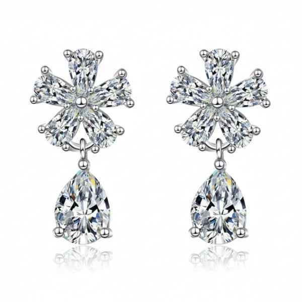 Silver Flower Earrings - Crystal Drop Jewelry & Teardrop Dangle Studs