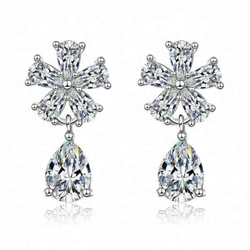Silver Flower Earrings - Crystal Drop Jewelry & Teardrop Dangle Studs