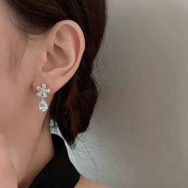 Silver Flower Earrings - Crystal Drop Jewelry & Teardrop Dangle Studs
