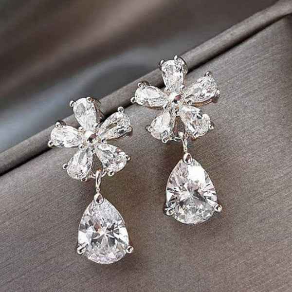 Silver Flower Earrings - Crystal Drop Jewelry & Teardrop Dangle Studs