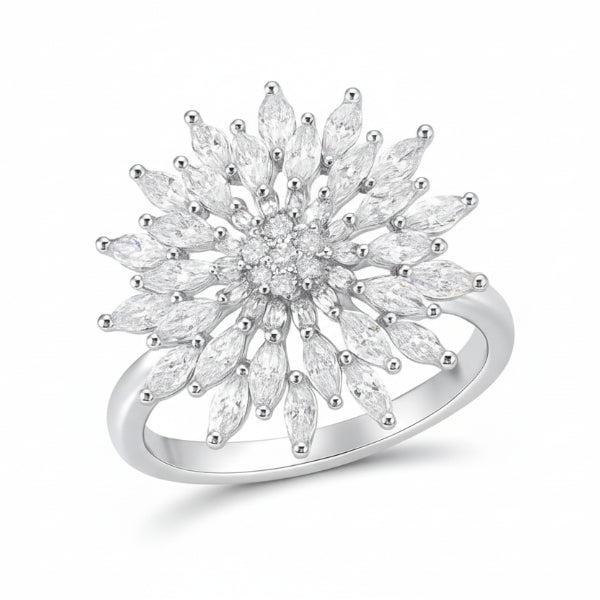Silver Plated Flower Ring - Shimmering Marquise Crystal Statement Band Ring