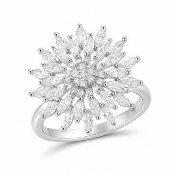 Silver Plated Flower Ring - Shimmering Marquise Crystal Statement Band Ring