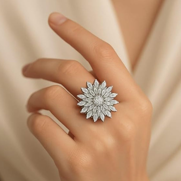 Silver Plated Flower Ring - Shimmering Marquise Crystal Statement Band Ring