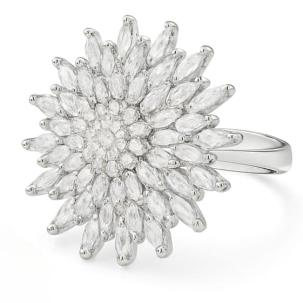 Silver Plated Flower Ring - Shimmering Marquise Crystal Statement Band Ring