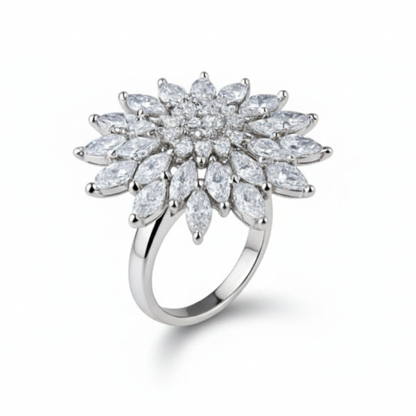 Silver Plated Flower Ring - Shimmering Marquise Crystal Statement Band Ring