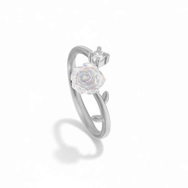 Bold Silver Flower Ring - Radiant White Pearl Rose Adjustable Band