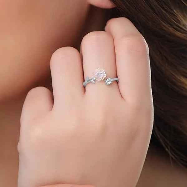 Bold Silver Flower Ring - Radiant White Pearl Rose Adjustable Band
