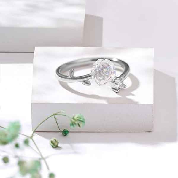 Bold Silver Flower Ring - Radiant White Pearl Rose Adjustable Band