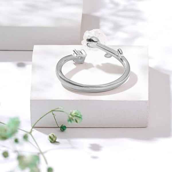 Bold Silver Flower Ring - Radiant White Pearl Rose Adjustable Band
