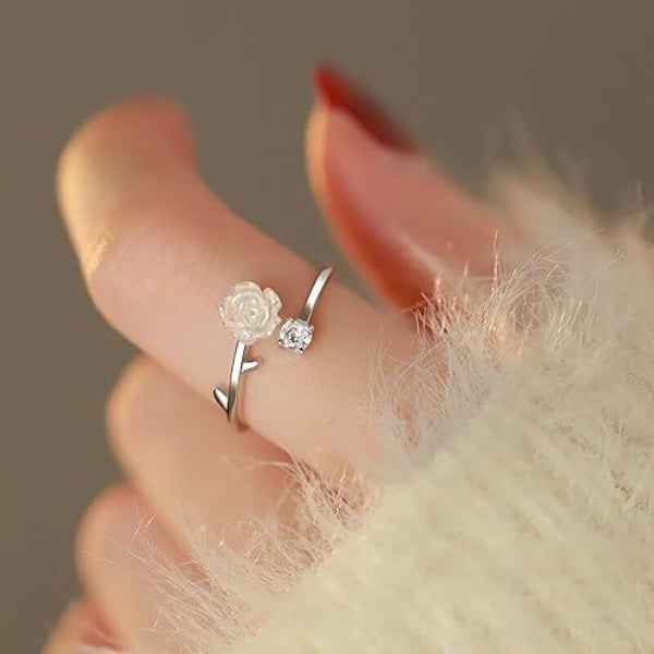 Bold Silver Flower Ring - Radiant White Pearl Rose Adjustable Band