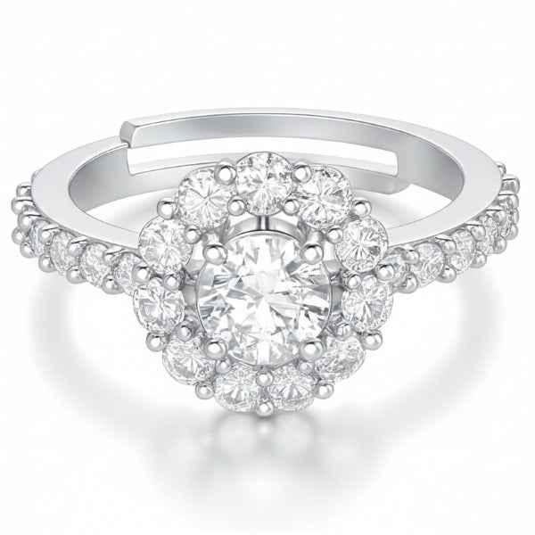 Silver Halo Ring: Adjustable Band with Sparkly Cubic Zirconia Stones