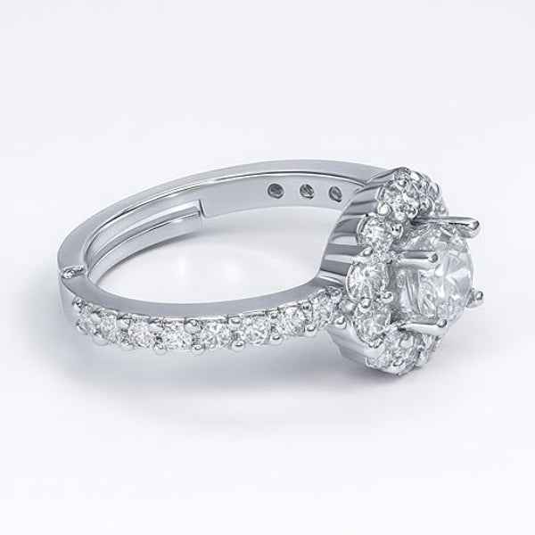 Silver Halo Ring: Adjustable Band with Sparkly Cubic Zirconia Stones